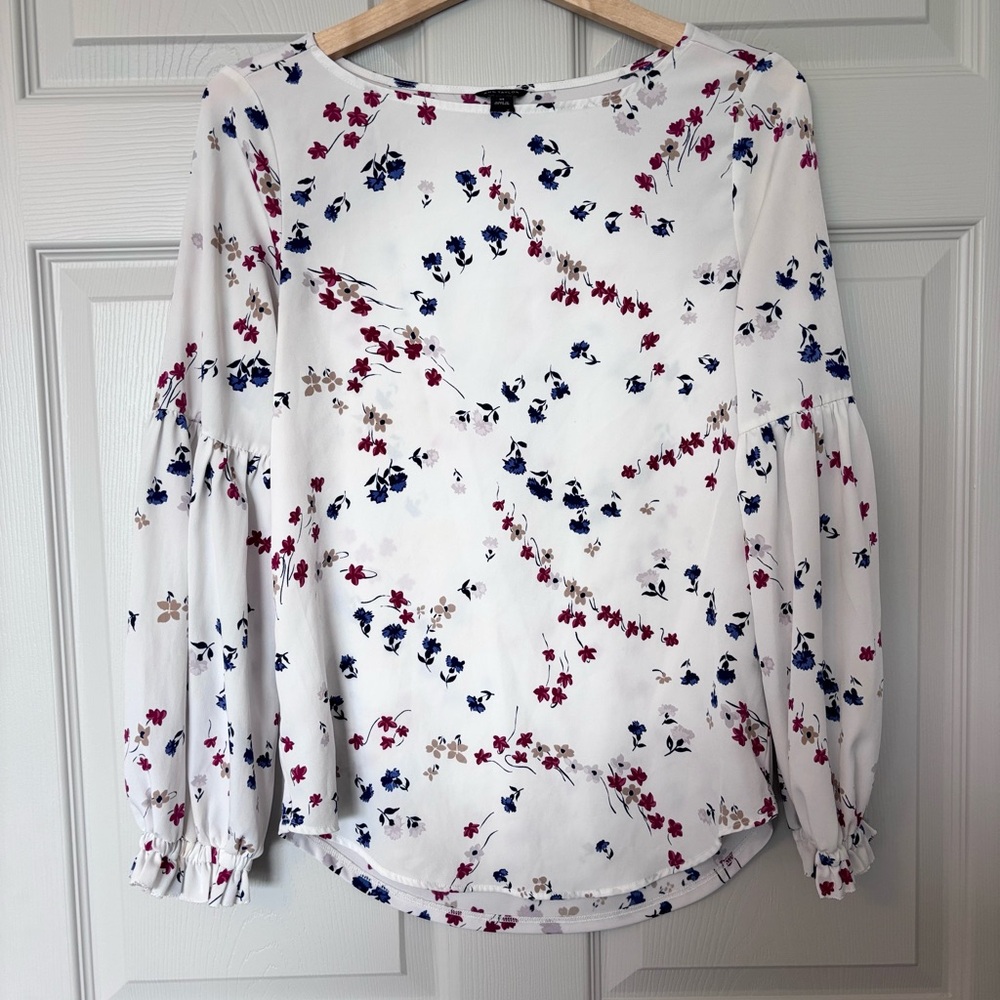 Ann Taylor White Long Sleeve Blouse with Feminine Bell Sleeves